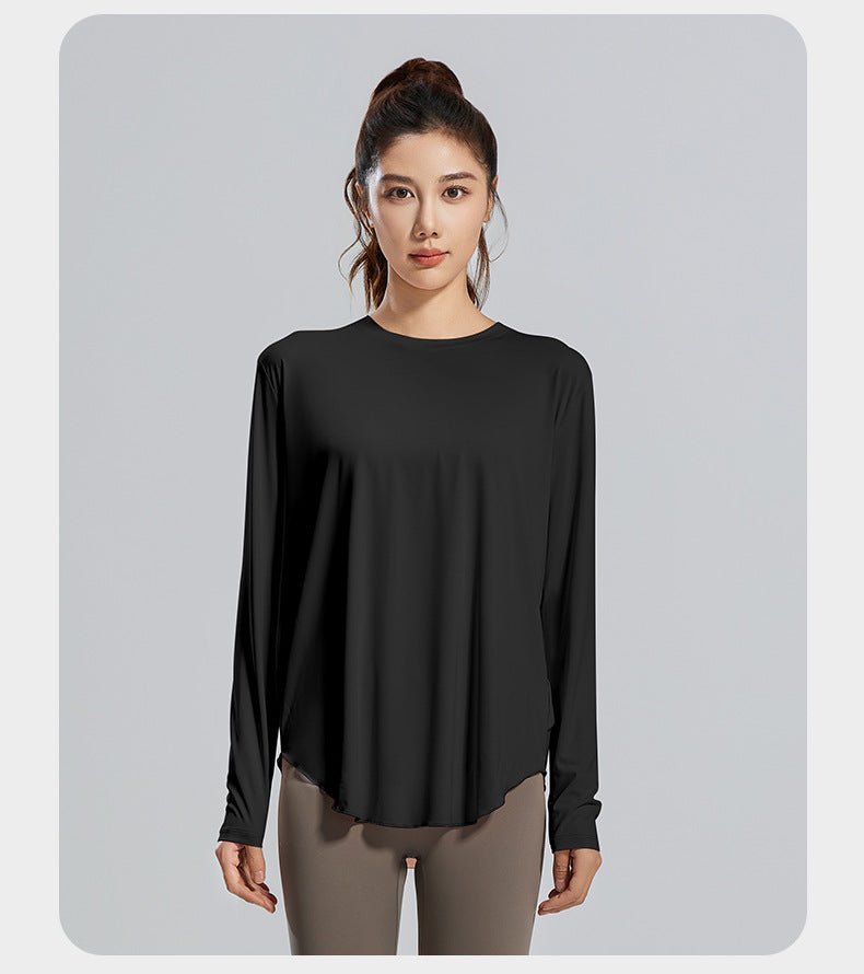 Women Loose Fit Long Sleeve Round Neck Fitness Yoga Top Racerback - Women's Activewear by Ceecile